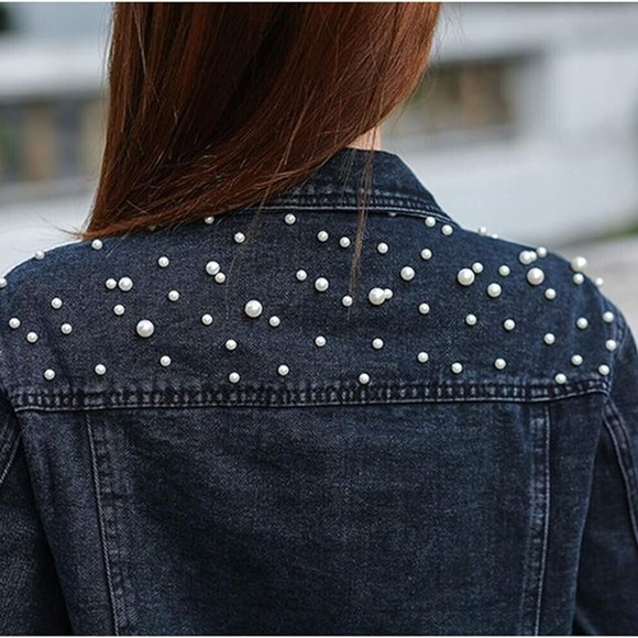 Womens Wash Denim Jackets Large Black White Mid Length Decorated With Pearls - Picture 5 of 16